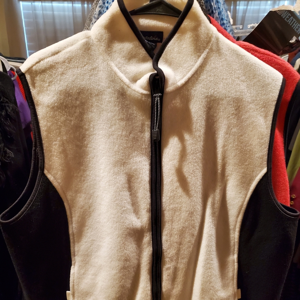 Catalina Women Activewear Sweater Vest Full Zip Pockets Small Black White Golf